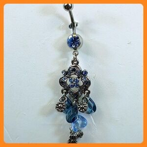 Vintage 1990s Blue Crystal Chandelier Belly Button Ring 316L Surgical Steel 14G